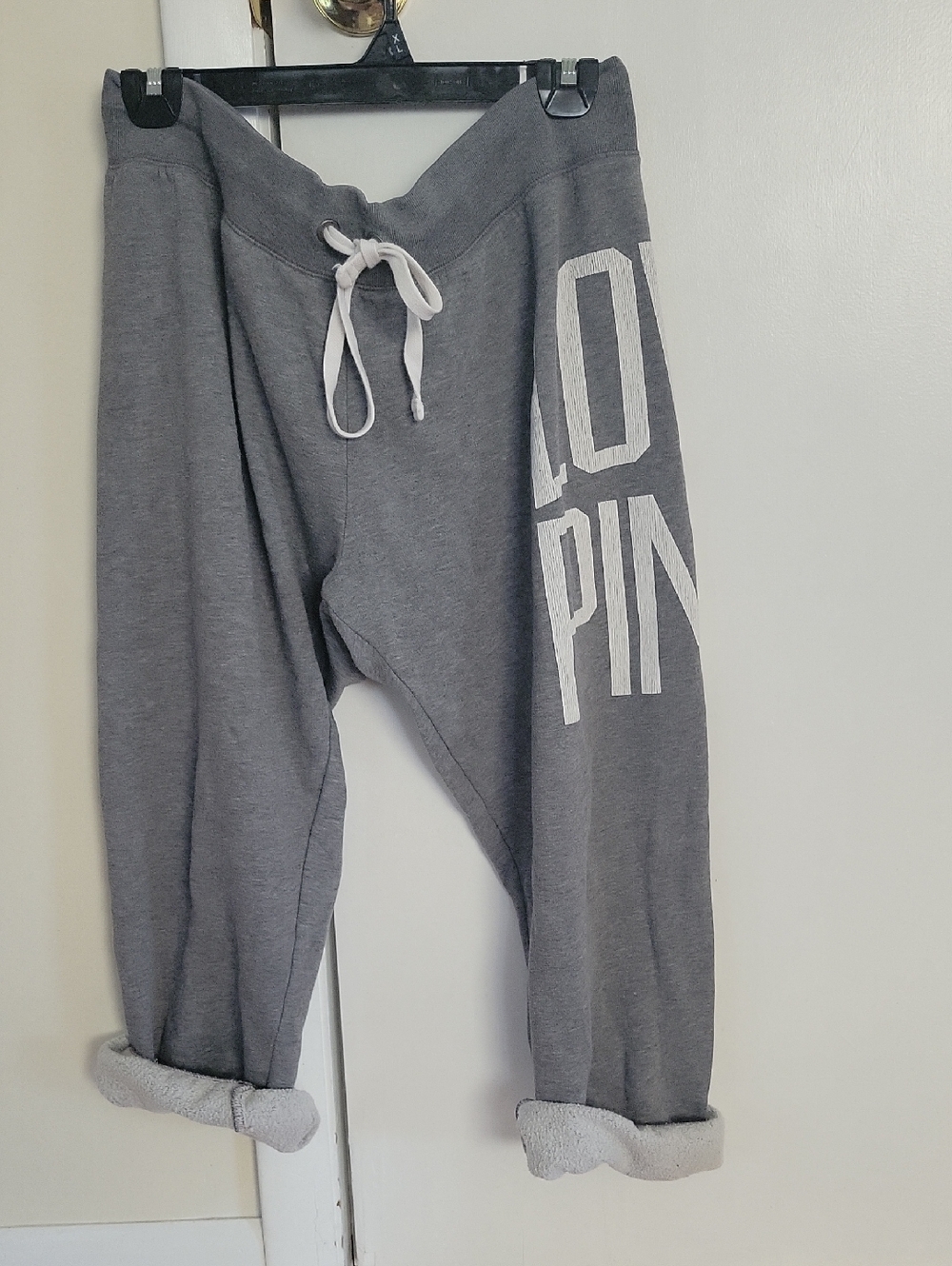 PINK Victoria's Secret  Gray Sweatpants Capri with White Drawstring Sz Large